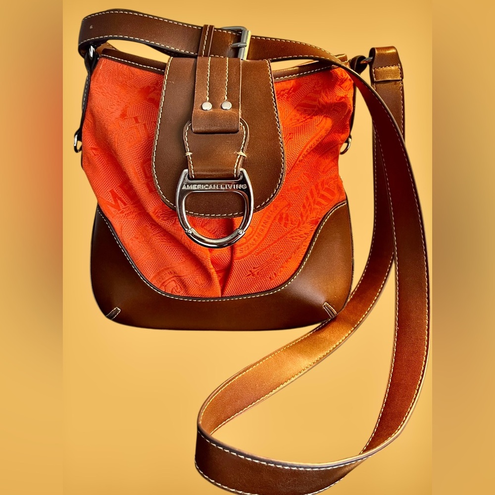 American Living EUC Crossbody Bag Brown leather & orange canvas